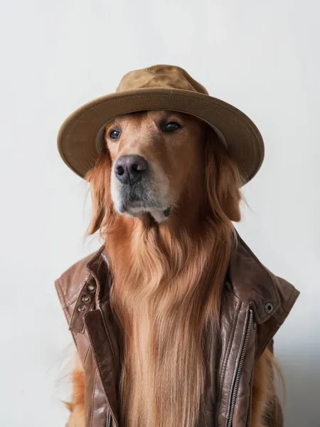 Golden Retriever Draagt Een Leren Vest Hoed — Stockfoto