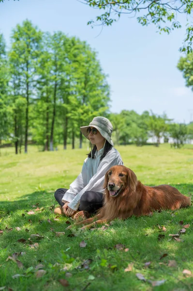 Golden Retriever Towarzyszy Właścicielowi Siedzenia Trawie Parku — Zdjęcie stockowe