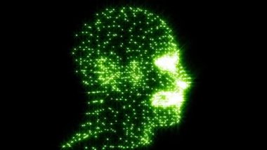 VJ döngüsü videosu. 3D insan kafasını dikleştirir. Noktalardan sorumlu kişi. İnsan kafası 3 boyutlu animasyon.