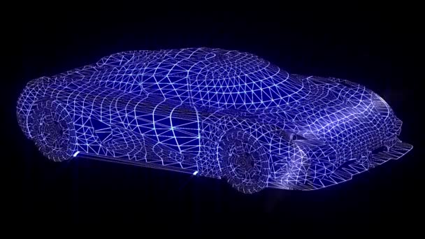 从动画3D部分组装汽车 用霓虹灯零件和网眼旋转动画汽车构造 霓虹灯网的一辆汽车 — 图库视频影像