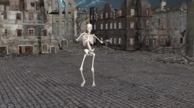 Kıyametten sonra şehrin sokaklarında dans eden iskeletler. Apocalypse City İskelet Dans 3D animasyon. Süper gerçekçi. Döngülü.