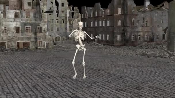 在世界末日之后 在城市街道上跳舞的骷髅3D 启示录城市骨架舞蹈3D动画 超现实的 — 图库视频影像