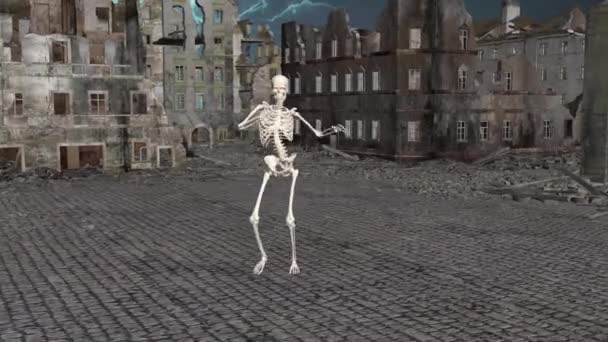 在世界末日之后 在城市街道上跳舞的骷髅3D 启示录城市骨架舞蹈3D动画 超现实的 — 图库视频影像