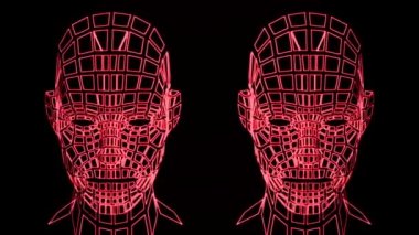 3D Grid 'deki kişinin başı. İnsan kafası 3 boyutlu animasyon. VJ döngüsü videosu. 3 boyutlu ızgara insan kafası. 