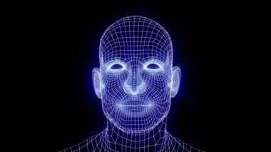 Talking mesh head. Grid head conversation. Animated speaking neon head. Speaking mesh mask.