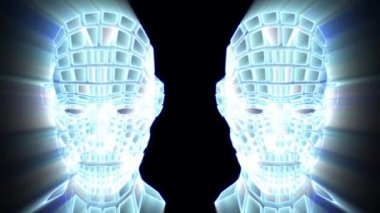 3D ızgara ışıkları. İnsan kafası 3 boyutlu animasyon. VJ döngüsü videosu. 3D ızgara insan kafasını aydınlatıyor. 