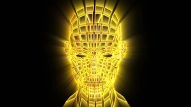 3D ızgara ışıkları. İnsan kafası 3 boyutlu animasyon. VJ döngüsü videosu. 3D ızgara insan kafasını aydınlatıyor. 