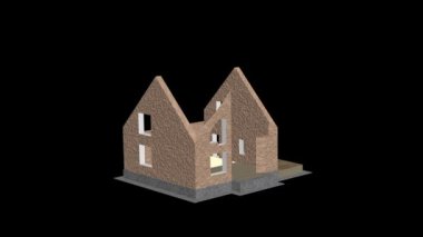 Ev yapımı. Yapı oluştur. Hızlandırılmış 3D animasyon evi inşa etme sürecini gösteriyor. Ev animasyonu oluşturuluyor. 
