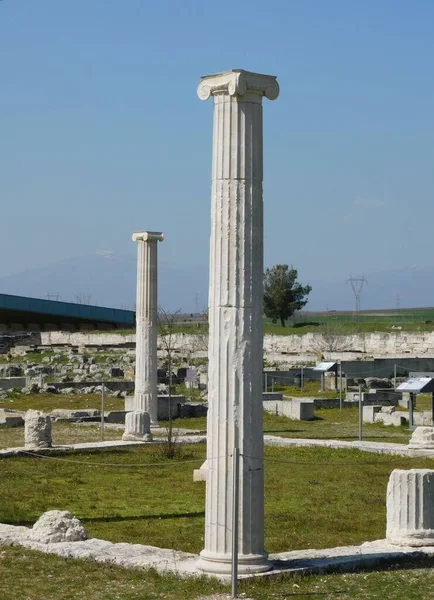 Beyaz Mermer Antik Sütunlar Pella Makedonya Yunanistan — Stok fotoğraf