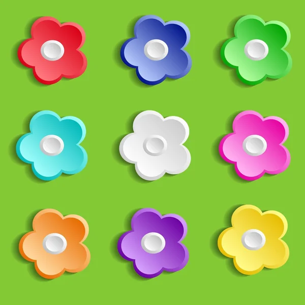 Reeks van kleurrijke papier bloemen op groene achtergrond, vectorillustratie — Stockvector
