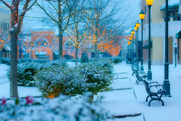 Panchine nel parco coperte di neve — Foto Stock