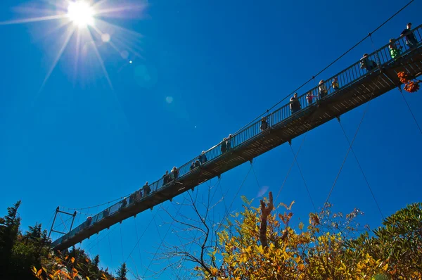 Sunshine over suspended mile high bridge at grandfathers mountain — Stock Photo, Image