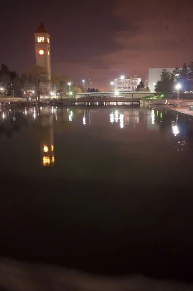 Clock tower during nighttime at Riverfront Park in Spokane, WA — Stock Photo, Image