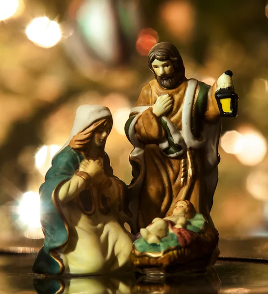 Holy Family closeup, Joseph, Virgin Mary and Baby Jesus figurine — Stock Photo, Image