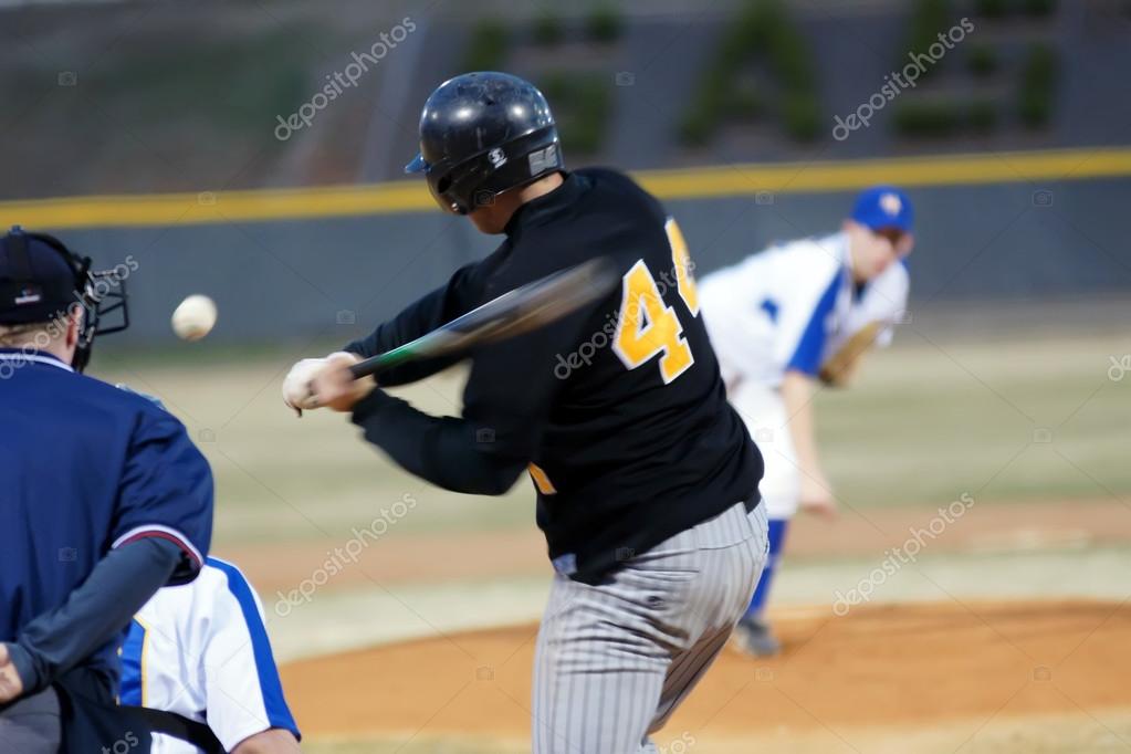 A batter about to hit a pitch during a baseball game. — Stock Photo