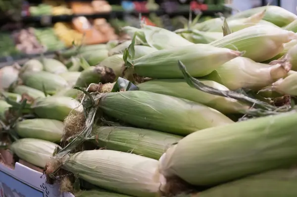 Corn on display at farmers market — Stock Photo, Image