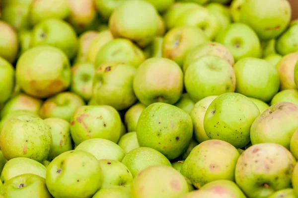 Nyskördade färgglada crimson krispiga äpplen på displayen på th — Stockfoto