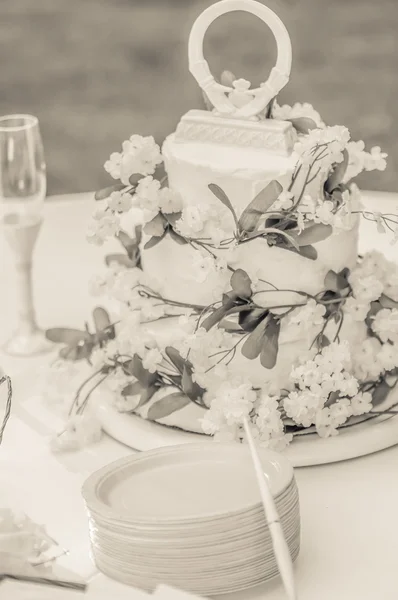 Detalle de primer plano de pastel de boda blanco en recepción — Foto de Stock