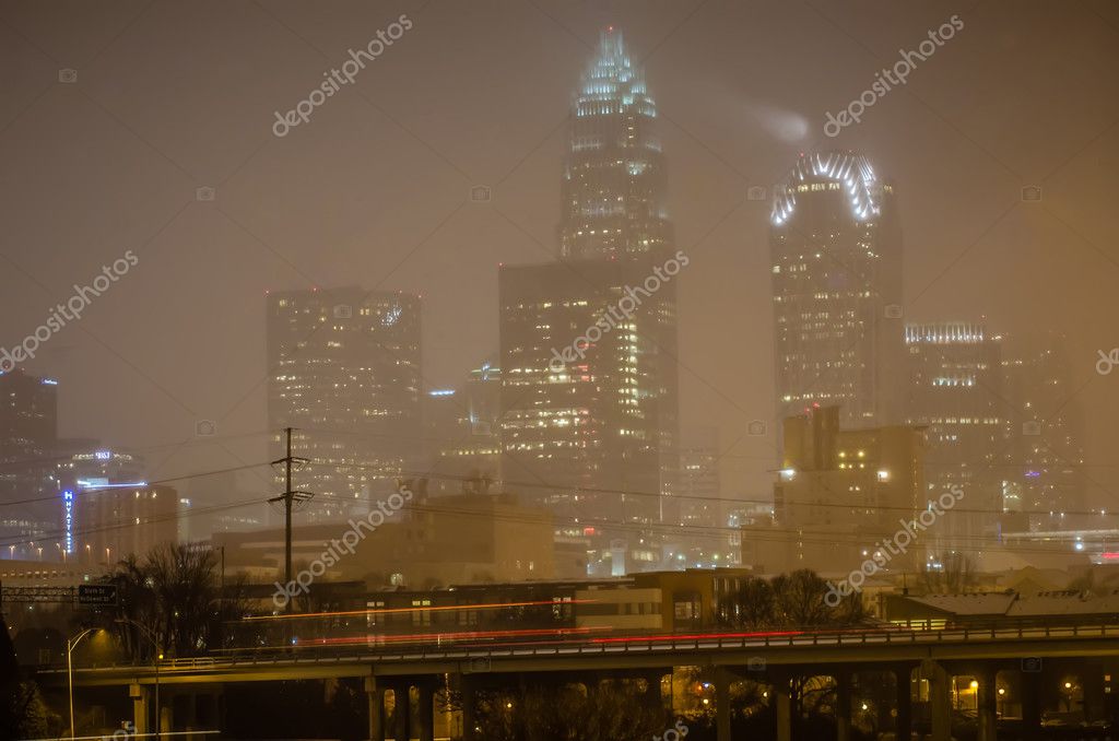 Charlotte nc usa skyline during and after winter snow storm in january