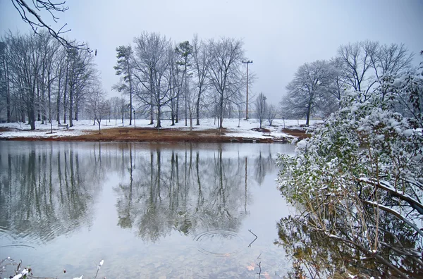 Réflexions de la ligne des arbres dans le lac pendant la tempête de neige hivernale — Photo