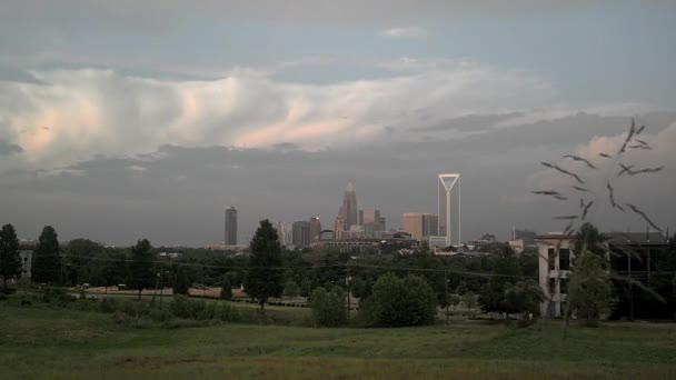 Timelapse of sky and clouds over charlotte skyline — Stock Video