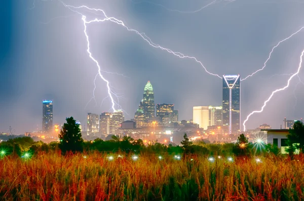 thunderstorm lightning strikes over charlotte city skyline in no