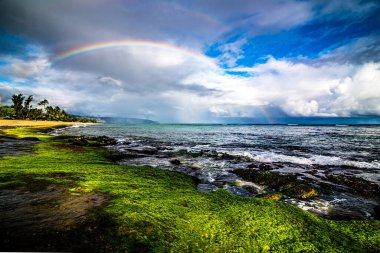 Sunset Beach, Oahu, Hawaii 'deki popüler sörf yerinin üstünde gökkuşağı.