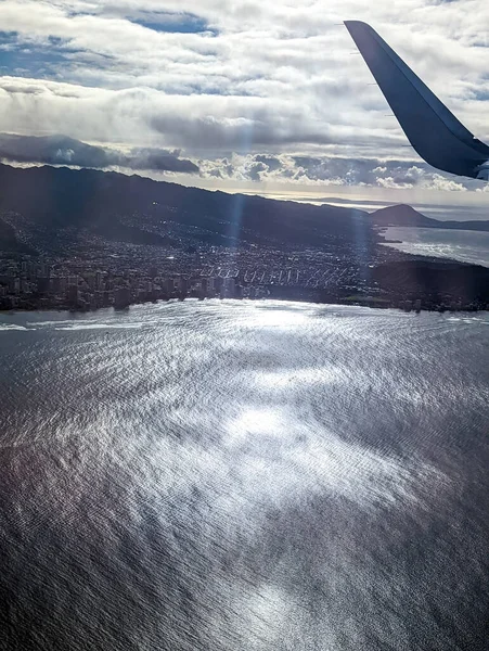 Jet Airplane Flying Over Oahu Island Hawaii Pacific Ocean