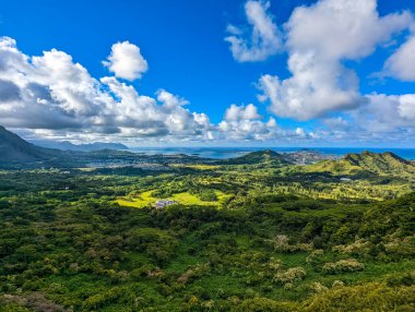 Pali, Oahu Hawaii 'deki güzel manzaraya bak.