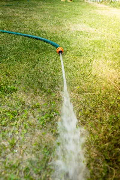 Schlauch Mit Wasserstrahl Schlauch Mit Wasserdruck Auf Dem Rasen — Stockfoto