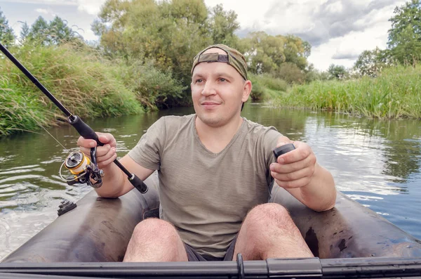 Portrait Young Man Boat Spinning Rod — Stock Photo, Image