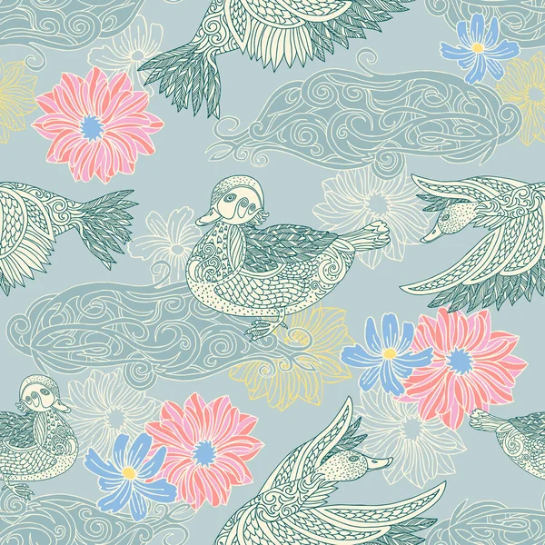 Fondo vintage con aves y flores, patrón sin costuras de moda, colorido papel pintado vectorial, envoltura gráfica de estilo retro, pato, lago, adorno de flores, tela de muestra, decoración artística — Archivo Imágenes Vectoriales