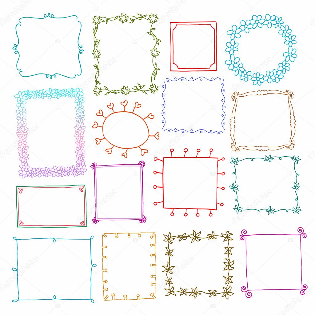 Vintage photo frames set, doodle style, ornamental and cute photo colored frames for decoration and desig