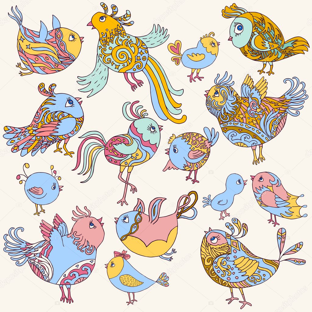 Insieme di uccelli carini adorabile retr² colorato insieme uccelli di personaggio dei cartoni animati bambino bambini e bambini stile bella estate e
