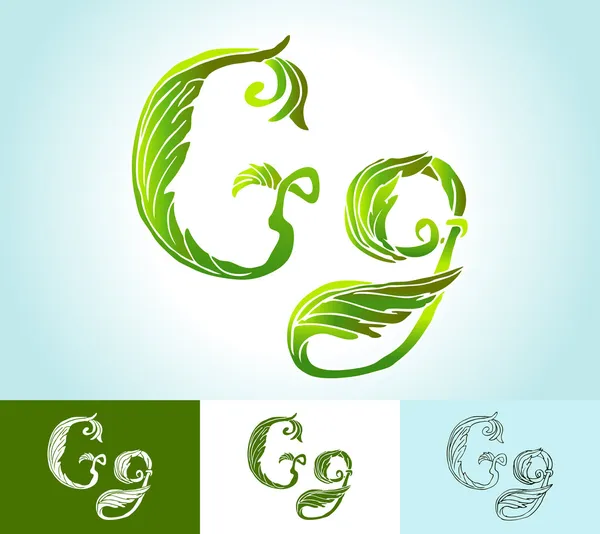 Alfabeto di foglie verdi, vettore creativo, bello, disegnato a mano — Vettoriale Stock