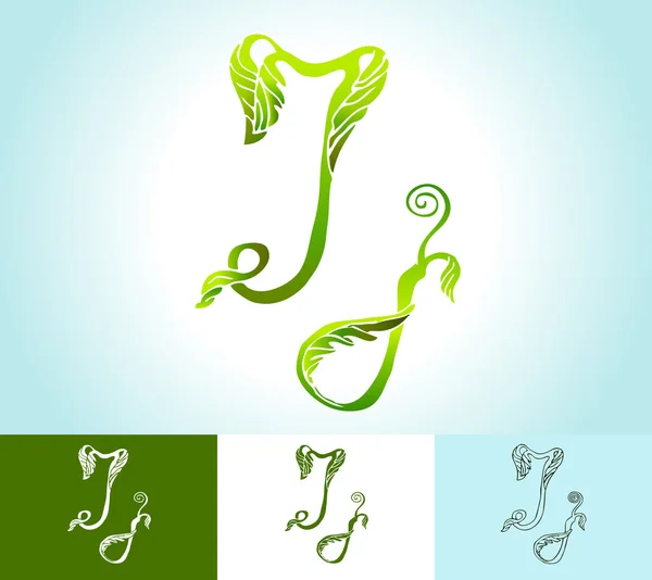 Alphabet of green leaves, creative vector, beautiful, hand-drawn — Stock Vector