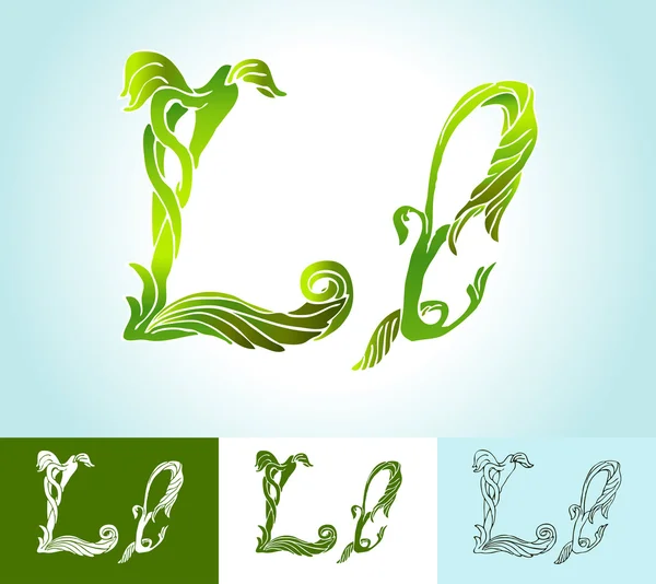 Alphabet of green leaves, creative vector, beautiful, hand-drawn — Stock Vector