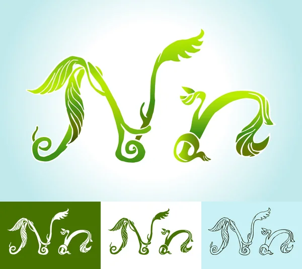 Alfabeto de folhas verdes, vetor criativo, bonito, desenhado à mão —  Vetores de Stock