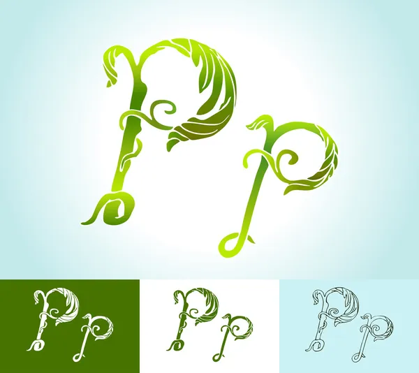 창의적인 벡터, 아름 다운, 손으로 그린 녹색 잎의 알파벳 — 스톡 벡터
