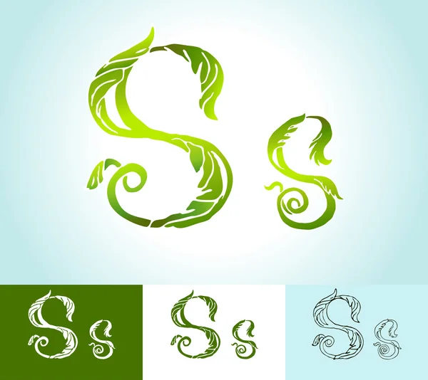 創造的なベクトル、美しい、手描きの緑の葉のアルファベット — ストックベクタ