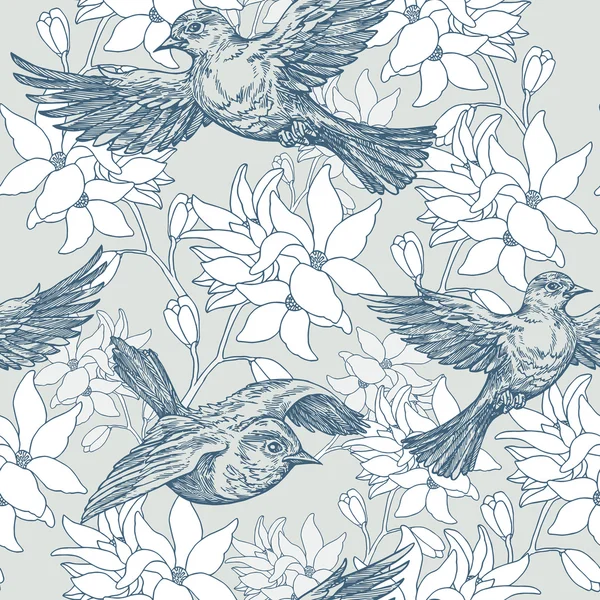 Fondo de verano vintage, pájaros y flores, patrón sin costuras de moda — Vector de stock