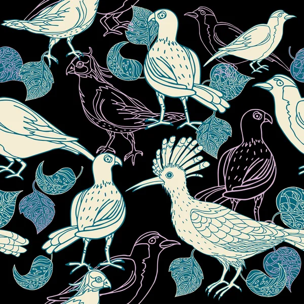 Vintage achtergrond, zwarte mode naadloze patroon met vogels, mode naadloze patroon, artistieke wallpape — Stockvector