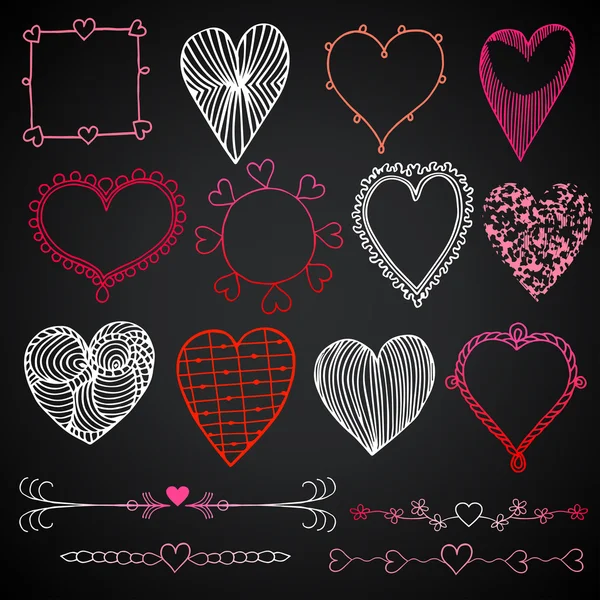 Valentine's day in chalkboard style, red, white and pink beautiful drawn hearts — Stock Vector