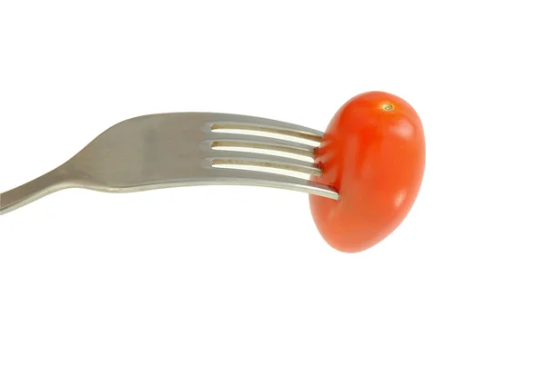 Little red cocktail tomato with a fork — Stock Photo, Image