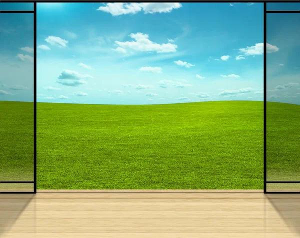 Digitaler Hintergrund für Studiofotografen. Zen-Zimmer mit Gras und blauem Himmel. — Stockfoto