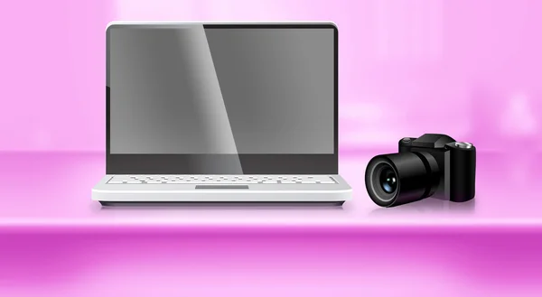 Immagine multimediale di sfondo con fotocamera digitale Fotografia Stock