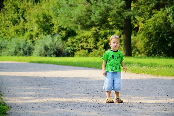 Cute three years boy on the road in the park — Stock Photo, Image