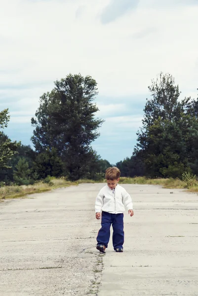 Bonito menino de dois anos na estrada na floresta — Fotografia de Stock