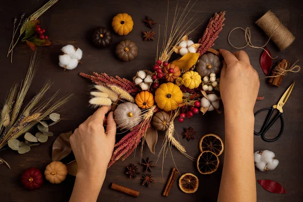 Diy Rustic Autumn Table Decoration Floral Interior Decor Fall Holidays — Stock Photo, Image