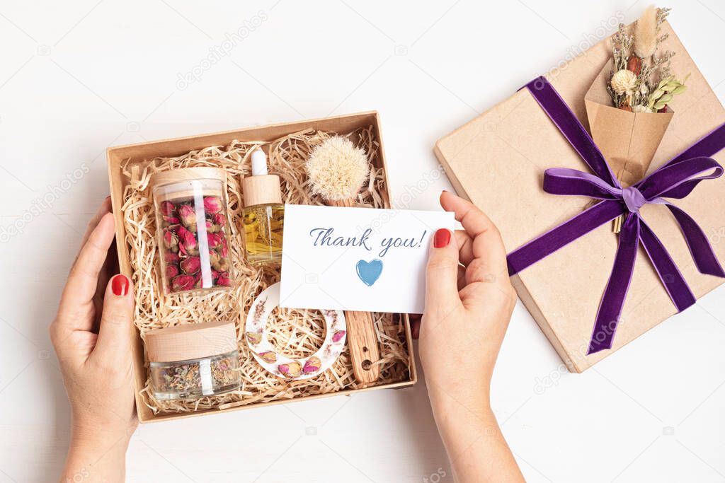 Refined thank you gift basket for romantic holidays with self care products and card. Corporate or personal present for family and friends, mothers day